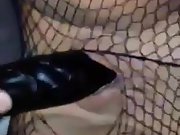Close up of wife's shaven twat getting fucked by black fake penis